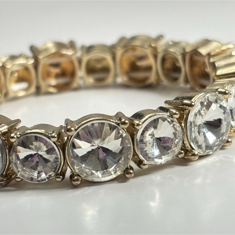 Vintage Clear Faceted Glass Rivoli Stretch Bracelet Gold Tone